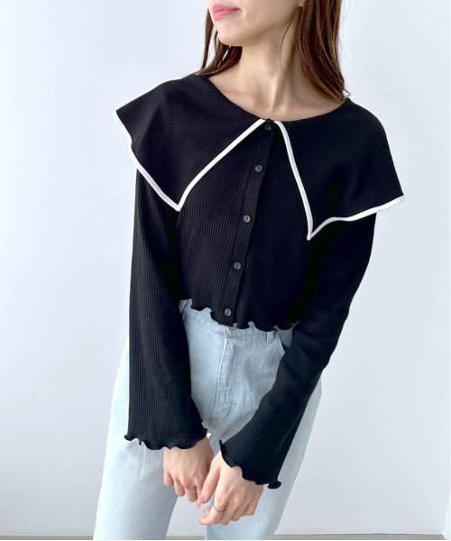 OLIVE des OLIVE(オリーブデオリーブ)の「ビッグカラーカーディガン(Tシャツ/カットソー・レディース・ブラック/イエロー/オフホワイト/サックスブルー・FREE)」の2枚目の写真