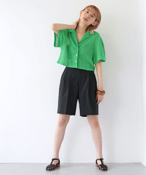 SLOBE citron.（スローブシトロン）の「SLOBE citron.カーブショートスリーブクロップドシャツ（シャツ/ブラウス・レディース・グリーン/ブラック・FREE）」の12枚目の写真