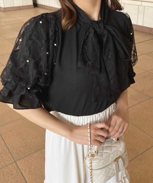 apres jour(アプレジュール)の「パールレーススリーブボウタイブラウス【ZOZOTOWN限定アイテム】(シャツ/ブラウス・レディース・ブラック/オフホワイト/アイボリー・X-LARGE/フリー)」の5枚目の写真