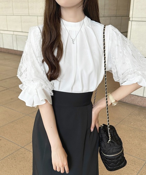 セール】パールレーススリーブボウタイブラウス【ZOZOTOWN限定アイテム