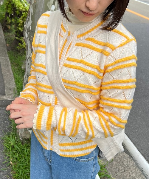 mebole(メボレ)の「透かし編みボーダーカーディガン(カーディガン/ボレロ・レディース・グリーン/イエロー/ピンク・FREE)」の2枚目の写真