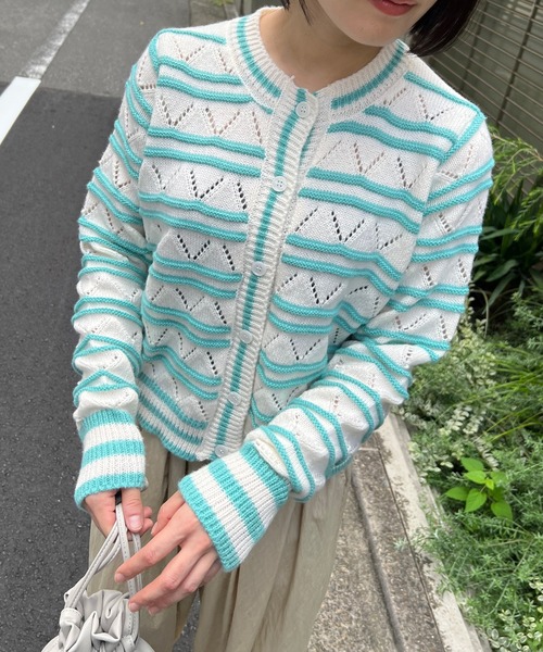 mebole(メボレ)の「透かし編みボーダーカーディガン(カーディガン/ボレロ・レディース・グリーン/イエロー/ピンク・FREE)」の7枚目の写真