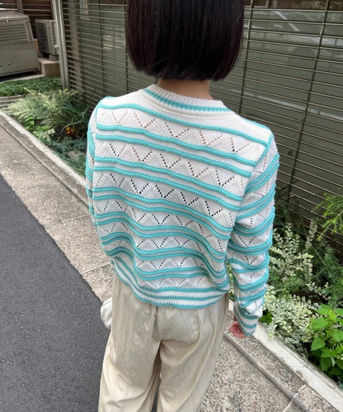 mebole(メボレ)の「透かし編みボーダーカーディガン(カーディガン/ボレロ・レディース・グリーン/イエロー/ピンク・FREE)」の10枚目の写真