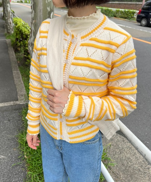 mebole(メボレ)の「透かし編みボーダーカーディガン(カーディガン/ボレロ・レディース・グリーン/イエロー/ピンク・FREE)」の16枚目の写真
