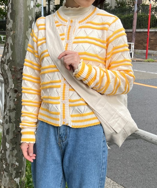 mebole(メボレ)の「透かし編みボーダーカーディガン(カーディガン/ボレロ・レディース・グリーン/イエロー/ピンク・FREE)」の5枚目の写真
