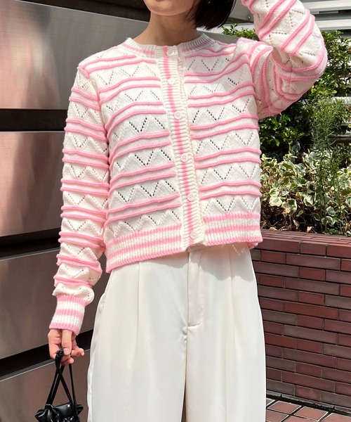 mebole(メボレ)の「透かし編みボーダーカーディガン(カーディガン/ボレロ・レディース・グリーン/イエロー/ピンク・FREE)」の6枚目の写真