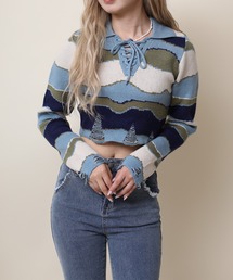 【HOOK】for girls ショット丈 ダメージ配色切り替え編み上げポロニット