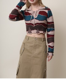 【HOOK】for girls ショット丈　ダメージ配色切り替え編み上げポロニット