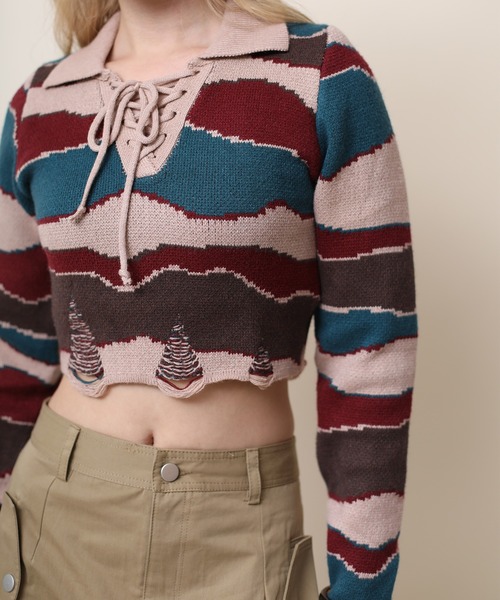 HOOK(フック)の「【HOOK】for girls ショット丈 ダメージ配色切り替え編み上げポロニット(ニット/セーター・レディース・ダークベージュ/ブルー・S/M/L)」の20枚目の写真