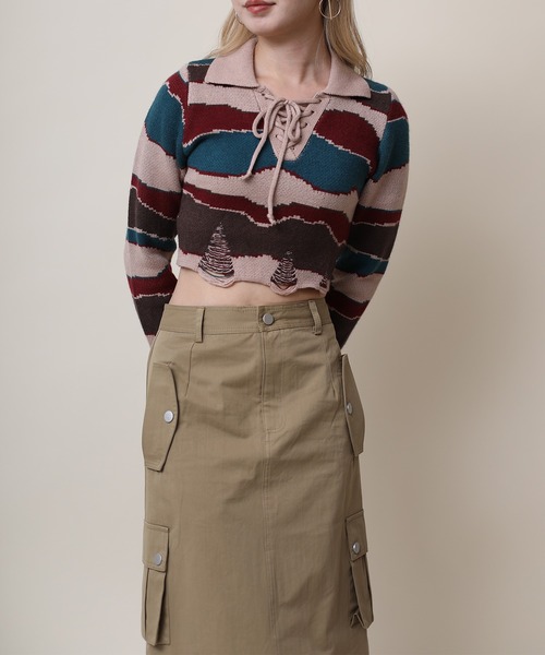 HOOK(フック)の「【HOOK】for girls ショット丈 ダメージ配色切り替え編み上げポロニット(ニット/セーター・レディース・ダークベージュ/ブルー・S/M/L)」の19枚目の写真