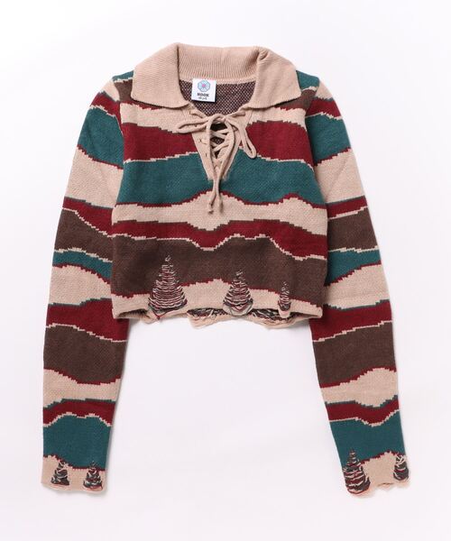 HOOK(フック)の「【HOOK】for girls ショット丈 ダメージ配色切り替え編み上げポロニット(ニット/セーター・レディース・ダークベージュ/ブルー・S/M/L)」の16枚目の写真