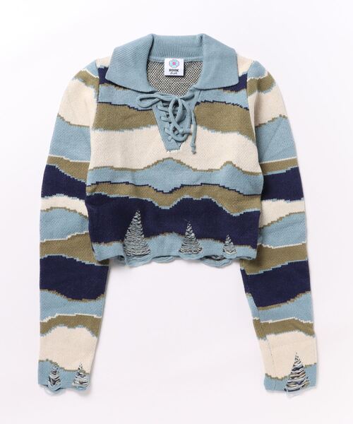HOOK(フック)の「【HOOK】for girls ショット丈 ダメージ配色切り替え編み上げポロニット(ニット/セーター・レディース・ダークベージュ/ブルー・S/M/L)」の15枚目の写真