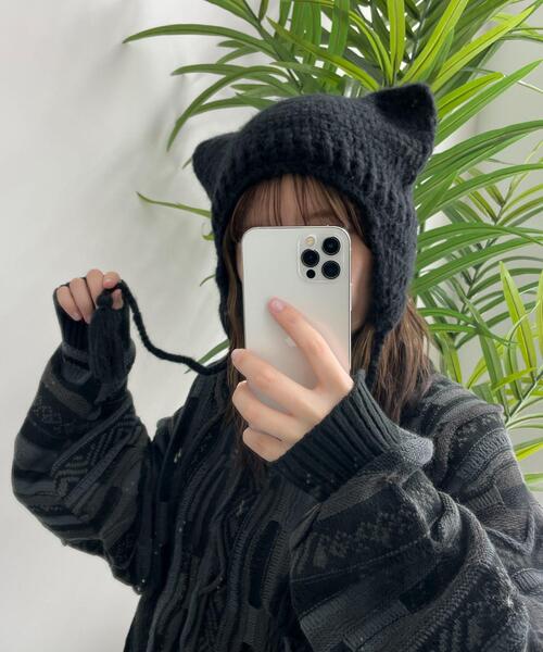 WEGO(ウィゴー)の「WEGO/ネコミミフリンジ付きニットキャップ(ニットキャップ/ビーニー・レディース・その他1/ブラック/ブラウン・FREE)」の2枚目の写真