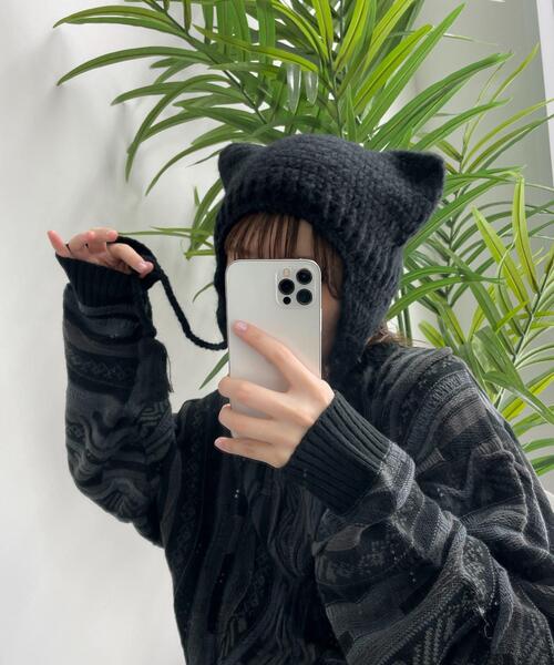 WEGO(ウィゴー)の「WEGO/ネコミミフリンジ付きニットキャップ(ニットキャップ/ビーニー・レディース・その他1/ブラック/ブラウン・FREE)」の5枚目の写真