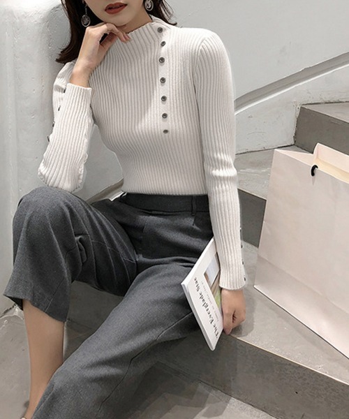 Miniministore(ミニミニストア)の「ニットトップス レディース 長袖(ニット/セーター・レディース・ホワイト/ベージュ/ブラック/ピンク・フリー)」の1枚目の写真