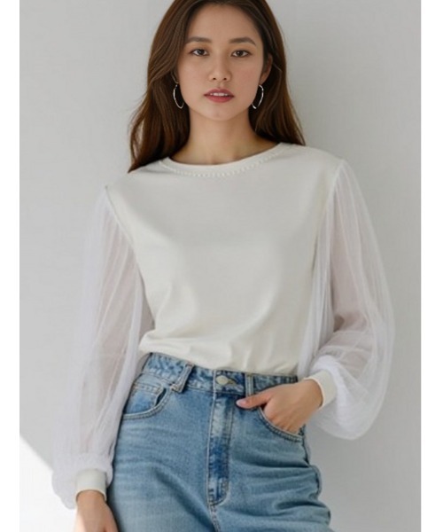 セール】パールドッキング袖チュールTシャツ（Tシャツ