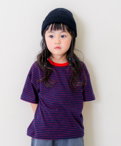 and D. petit main(アンドディープティマイン)の「【リンク】オーバーサイズボーダー半袖T(Tシャツ/カットソー・キッズ・ピンク系その他/ネイビー/ブルー・90cm/100cm/110cm/130cm/120cm)」の1枚目の写真