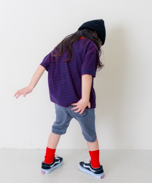 and D. petit main(アンドディープティマイン)の「【リンク】オーバーサイズボーダー半袖T(Tシャツ/カットソー・キッズ・ピンク系その他/ネイビー/ブルー・90cm/100cm/110cm/130cm/120cm)」の6枚目の写真