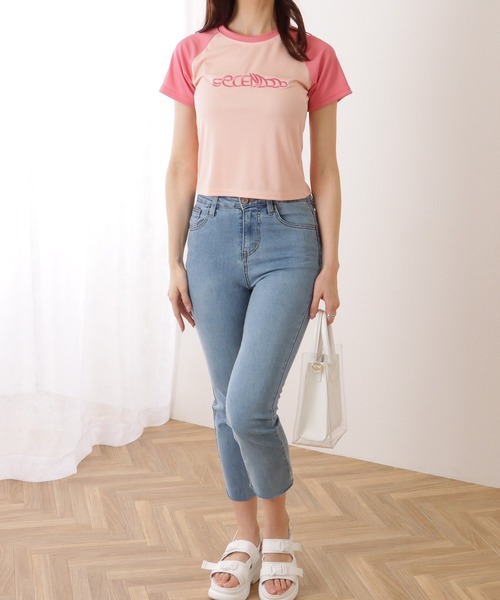 Lace Ladies(レースレディース)の「バイカラー ラグラン スリーブ コンパクト トップス(Tシャツ/カットソー・レディース・ピンク/グレー・S/XL/M)」の4枚目の写真