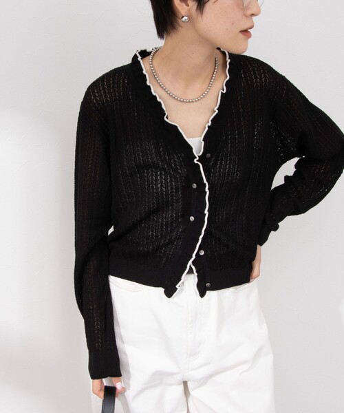 トリココムデギャルソン フリル 透かし編み カーディガン 前後着用可能 ブラック トリココムデギャルソン フリル 透かし編み カーディガン 前後着用可能 黒