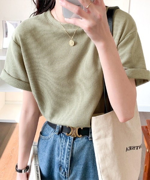 Futier land（フューティアランド）の「クルーネックワッフル半袖カットソー（Tシャツ/カットソー・レディース・ブラック/オレンジ/ホワイト/グリーン・FREE）」の3枚目の写真