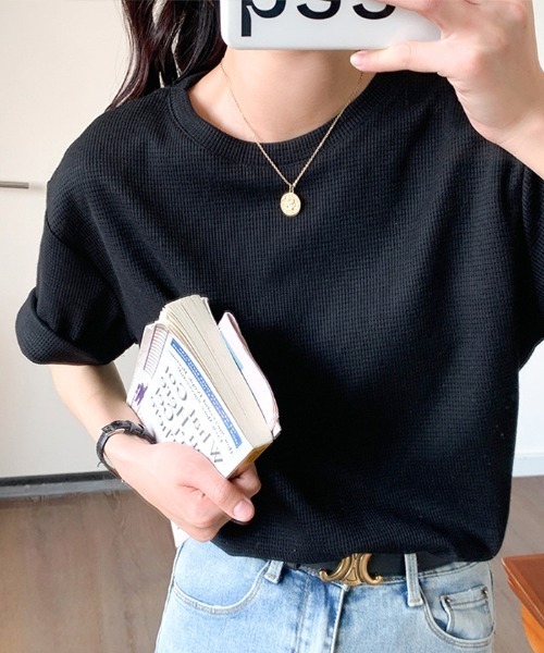 Futier land（フューティアランド）の「クルーネックワッフル半袖カットソー（Tシャツ/カットソー・レディース・ブラック/オレンジ/ホワイト/グリーン・FREE）」の8枚目の写真