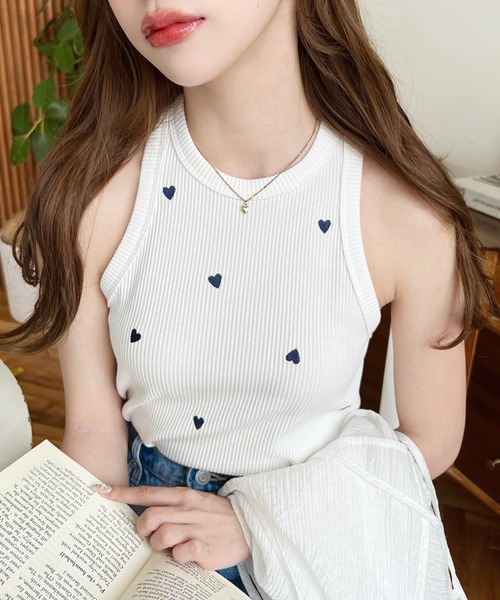セール】T/Cカットテレコリブハート刺繍アメスリタンクトップ