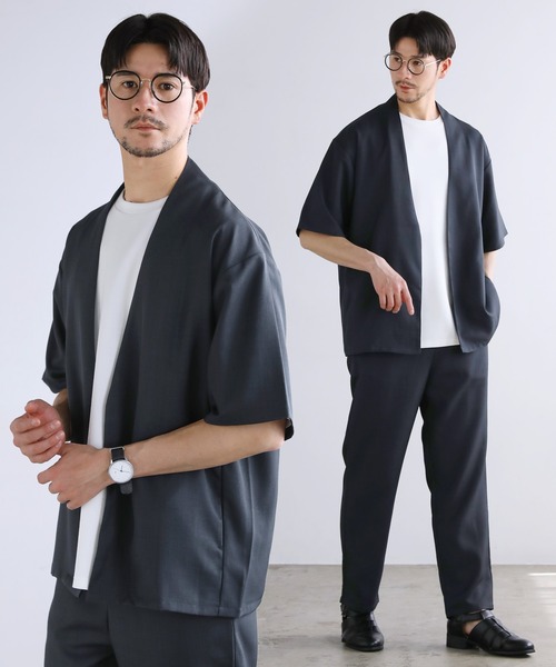 セール】【上下2点セット】 接触冷感テックリネンノーカラー半袖カーデ