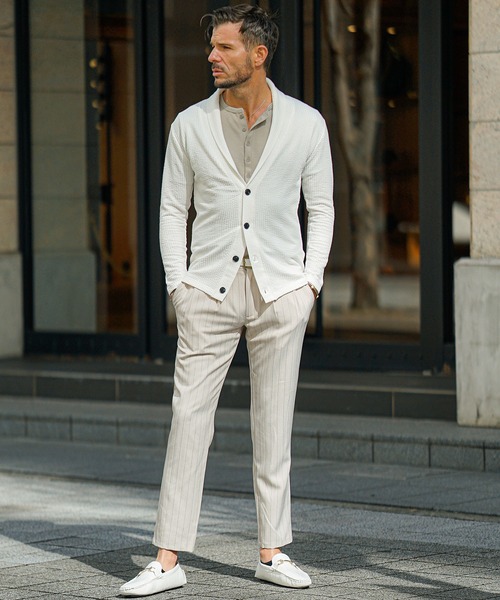 SOMEDIFF（サムディフ）の「【SOMEDIFF】シアサッカーショールカラーカーディガン メンズ（カーディガン/ボレロ・メンズ・ブラック/ネイビー/ホワイト×ネイビー/ホワイト・S/M/L/XL）」の19枚目の写真