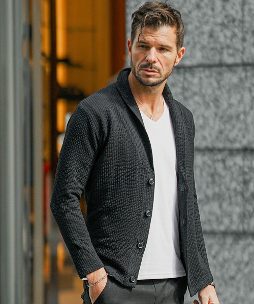 SOMEDIFF（サムディフ）の「【SOMEDIFF】シアサッカーショールカラーカーディガン メンズ（カーディガン/ボレロ・メンズ・ブラック/ネイビー/ホワイト×ネイビー/ホワイト・S/M/L/XL）」の20枚目の写真