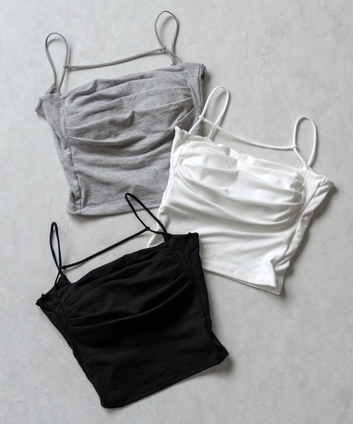 me+em select(ミームセレクト)の「【 カップ付き/2WAY 】ラインストラップタックショートキャミソール / line strap tuck short camisole(キャミソール・レディース・グレー/ホワイト/ブラック・FREE)」の14枚目の写真