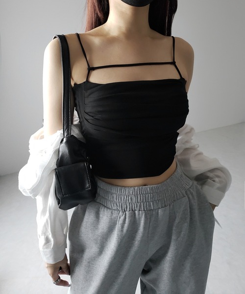me+em select(ミームセレクト)の「【 カップ付き/2WAY 】ラインストラップタックショートキャミソール / line strap tuck short camisole(キャミソール・レディース・グレー/ホワイト/ブラック・FREE)」の20枚目の写真