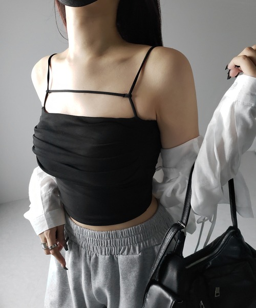 me+em select(ミームセレクト)の「【 カップ付き/2WAY 】ラインストラップタックショートキャミソール / line strap tuck short camisole(キャミソール・レディース・グレー/ホワイト/ブラック・FREE)」の21枚目の写真