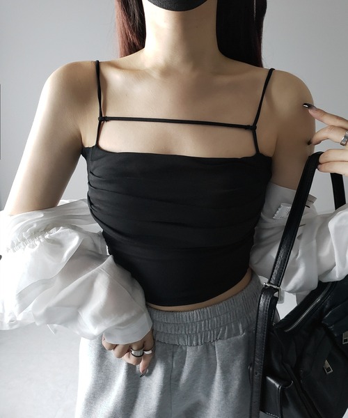 me+em select(ミームセレクト)の「【 カップ付き/2WAY 】ラインストラップタックショートキャミソール / line strap tuck short camisole(キャミソール・レディース・グレー/ホワイト/ブラック・FREE)」の22枚目の写真