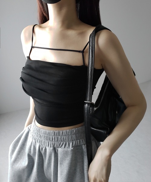 me+em select(ミームセレクト)の「【 カップ付き/2WAY 】ラインストラップタックショートキャミソール / line strap tuck short camisole(キャミソール・レディース・グレー/ホワイト/ブラック・FREE)」の17枚目の写真