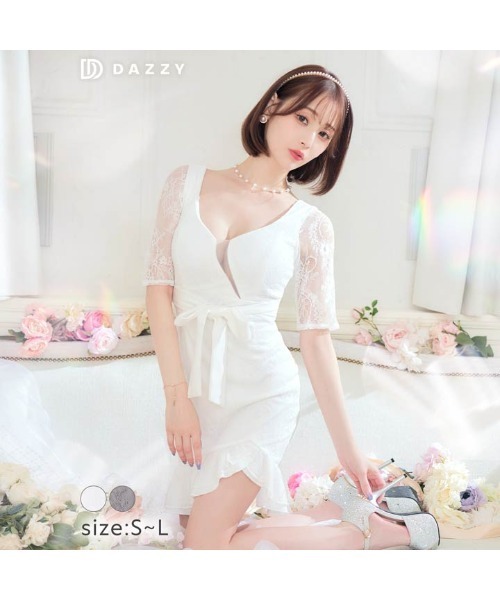 DAZZY（デイジー）の「ボタニカル レース ウエスト リボン スリット 半袖 マーメイド ミニドレス（ドレス・レディース・グレー/ホワイト・S/M/L）」の2枚目の写真