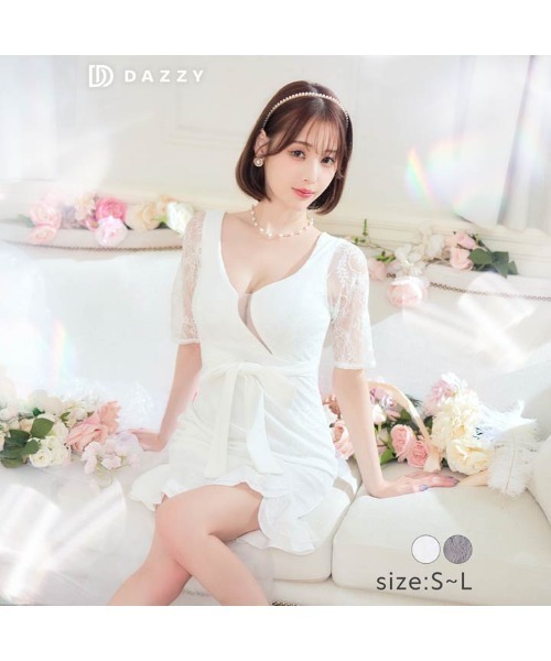 DAZZY（デイジー）の「ボタニカル レース ウエスト リボン スリット 半袖 マーメイド ミニドレス（ドレス・レディース・グレー/ホワイト・S/M/L）」の5枚目の写真