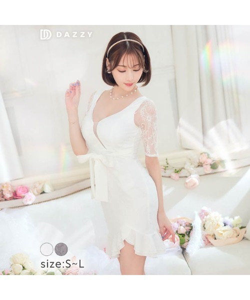 DAZZY（デイジー）の「ボタニカル レース ウエスト リボン スリット 半袖 マーメイド ミニドレス（ドレス・レディース・グレー/ホワイト・S/M/L）」の6枚目の写真