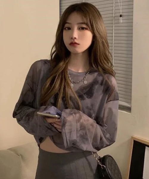 Jelly moo(ジェリームー)の「【 Jelly moo / ジェリームー 】 ショート丈 タイダイ柄 シアー トップス #(Tシャツ/カットソー・レディース・パープル/ブラック・FREE)」の7枚目の写真