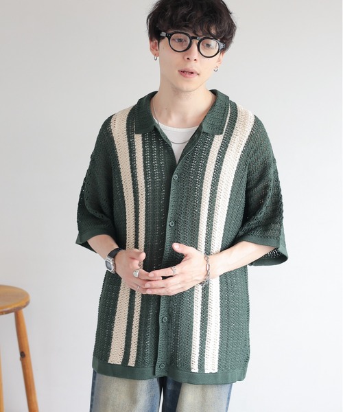 RAGEBLUE（レイジブルー）の「クロシェ編み/オーバーサイズニットシャツカーディガン（ニット/セーター・メンズ・グリーン/ブラック・LARGE/MEDIUM）」の2枚目の写真