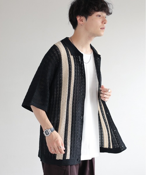 RAGEBLUE（レイジブルー）の「クロシェ編み/オーバーサイズニットシャツカーディガン（ニット/セーター・メンズ・グリーン/ブラック・LARGE/MEDIUM）」の3枚目の写真