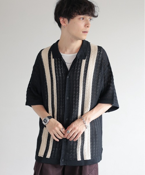 RAGEBLUE（レイジブルー）の「クロシェ編み/オーバーサイズニットシャツカーディガン（ニット/セーター・メンズ・グリーン/ブラック・LARGE/MEDIUM）」の4枚目の写真