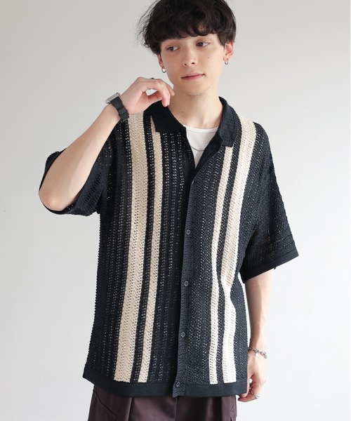 RAGEBLUE（レイジブルー）の「クロシェ編み/オーバーサイズニットシャツカーディガン（ニット/セーター・メンズ・グリーン/ブラック・LARGE/MEDIUM）」の5枚目の写真