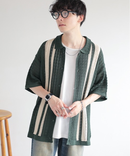 RAGEBLUE（レイジブルー）の「クロシェ編み/オーバーサイズニットシャツカーディガン（ニット/セーター・メンズ・グリーン/ブラック・LARGE/MEDIUM）」の8枚目の写真