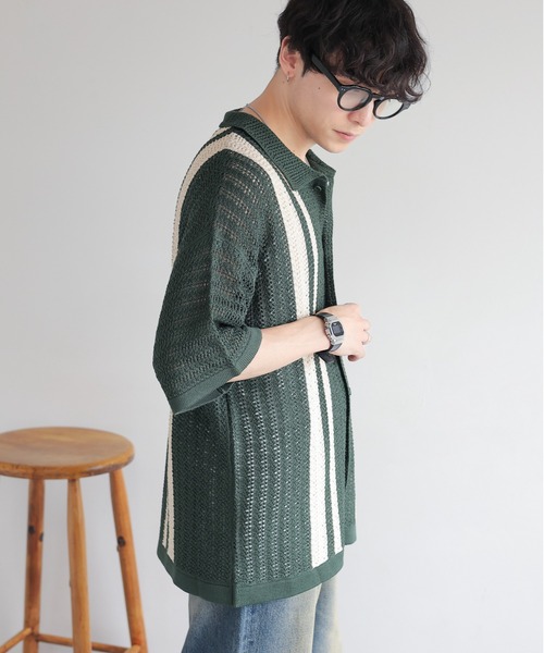 RAGEBLUE（レイジブルー）の「クロシェ編み/オーバーサイズニットシャツカーディガン（ニット/セーター・メンズ・グリーン/ブラック・LARGE/MEDIUM）」の9枚目の写真