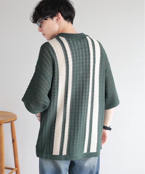 RAGEBLUE（レイジブルー）の「クロシェ編み/オーバーサイズニットシャツカーディガン（ニット/セーター・メンズ・グリーン/ブラック・LARGE/MEDIUM）」の10枚目の写真