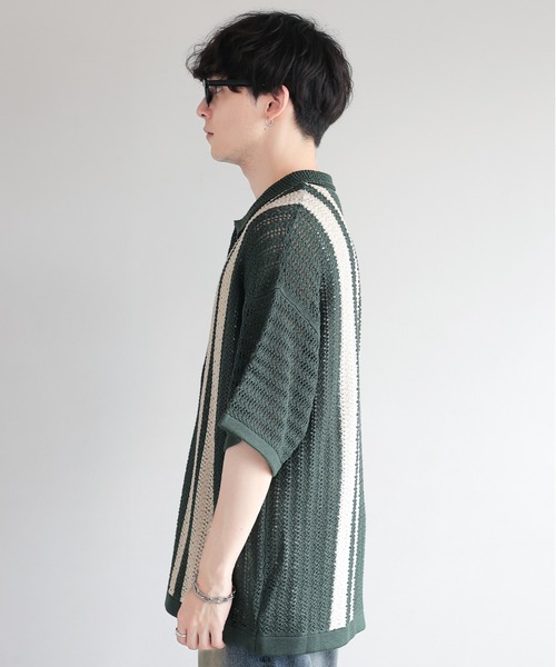 RAGEBLUE（レイジブルー）の「クロシェ編み/オーバーサイズニットシャツカーディガン（ニット/セーター・メンズ・グリーン/ブラック・LARGE/MEDIUM）」の11枚目の写真