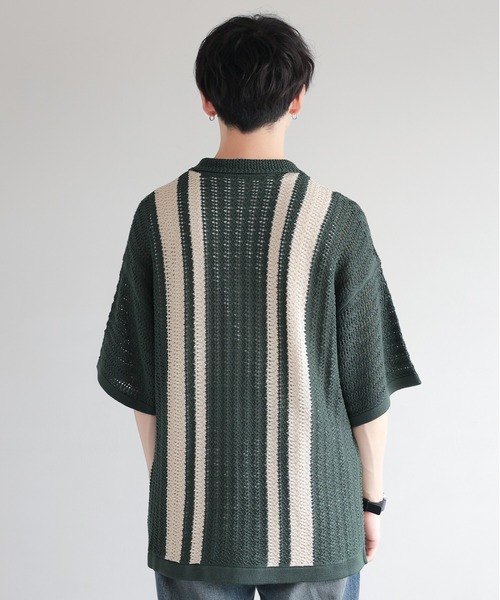 RAGEBLUE（レイジブルー）の「クロシェ編み/オーバーサイズニットシャツカーディガン（ニット/セーター・メンズ・グリーン/ブラック・LARGE/MEDIUM）」の12枚目の写真