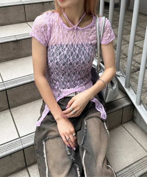 sedacle girl（セダクルガール）の「ガーターデザインレーストップス（Tシャツ/カットソー・レディース・オフホワイト/ブラック/パープル・SMALL/MEDIUM）」の14枚目の写真