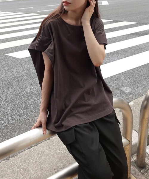 CORNERS(コーナーズ)の「USAコットンタックスリーブTシャツ【接触冷感】(Tシャツ/カットソー・レディース・ブラック/チャコールグレー×パープル/グレイッシュベージュ/オフホワイト/チャコールグレー/キャメル・FREE)」の17枚目の写真